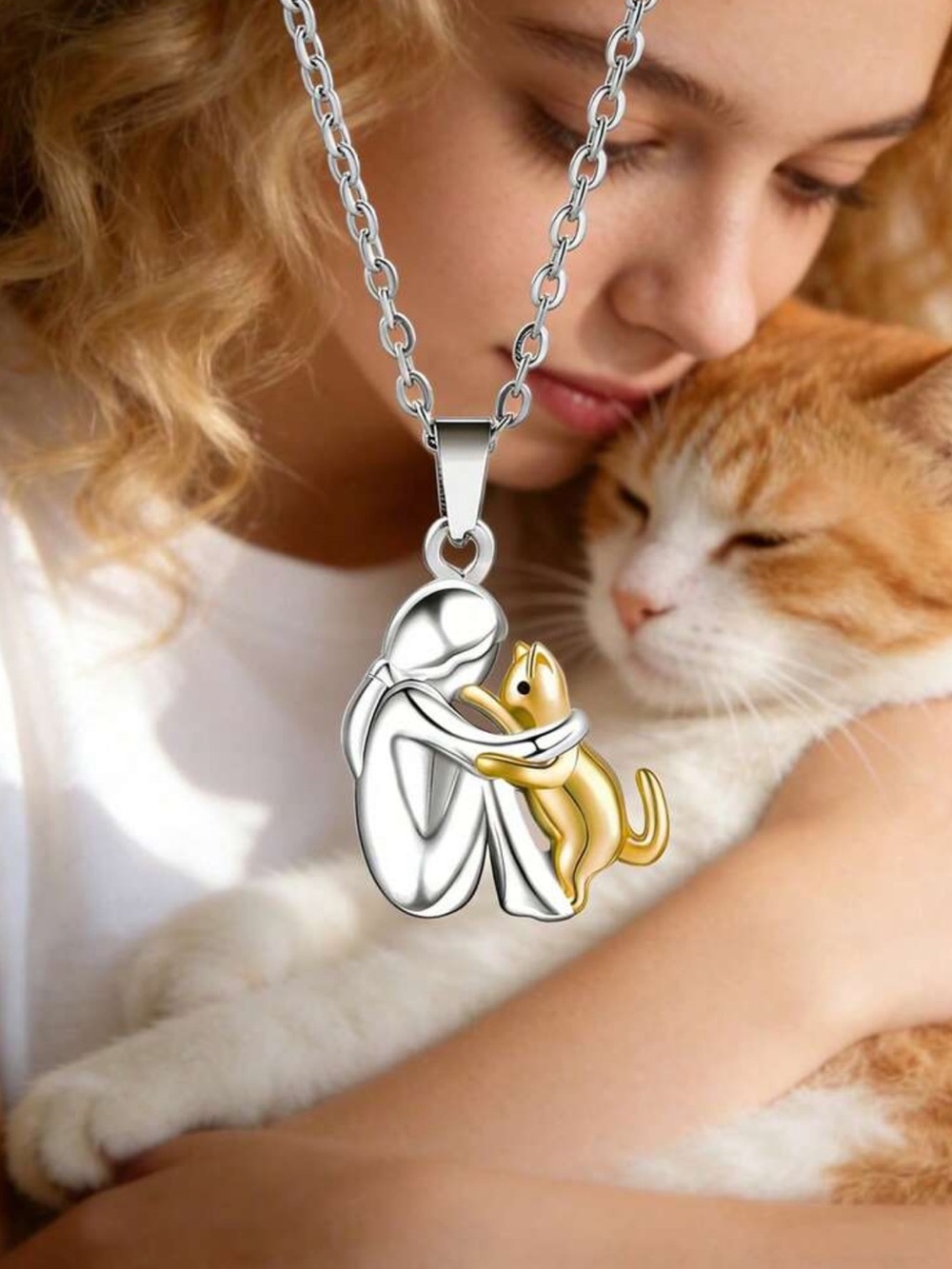 Cat Necklace, Girl and Cat Necklace, Cat Mom Necklace